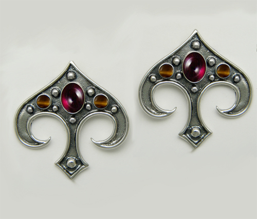 Sterling Silver Gothic Inspired Drop Dangle Earrings With Garnet And Tiger Eye